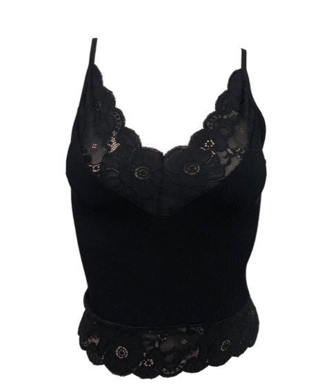 Flower Lace Trimmed Ribbed Mid-Length Cami Bralette