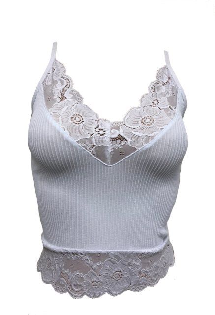 Flower Lace Trimmed Ribbed Mid-Length Cami Bralette