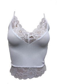 Flower Lace Trimmed Ribbed Mid-Length Cami Bralette